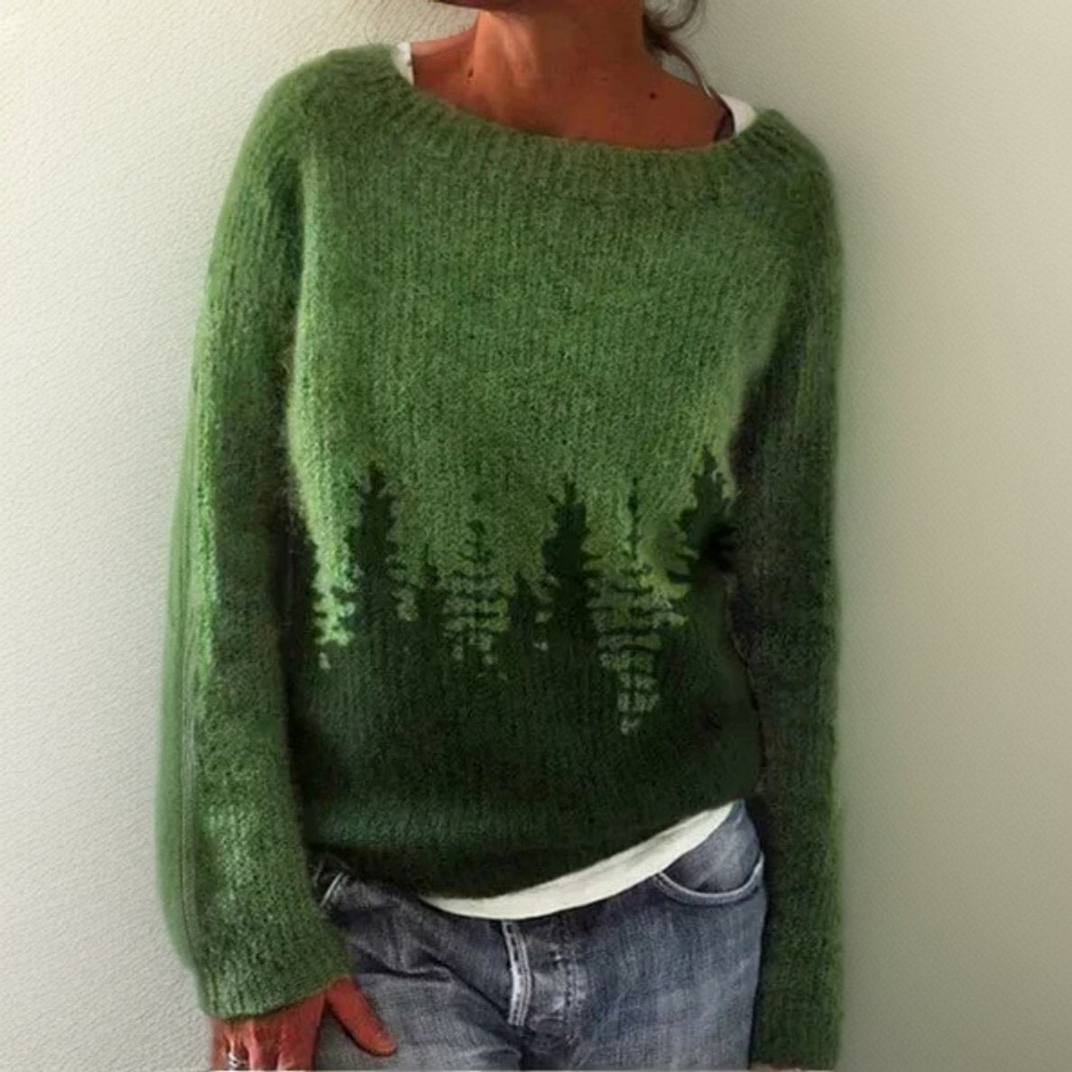 Women's Forest Print Oversized Crew Neck Knit Sweater