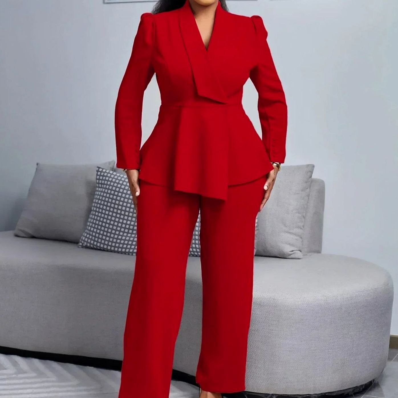 Women's Formal Peplum Blazer Suit Set Wide-Leg Trousers - Burgundy