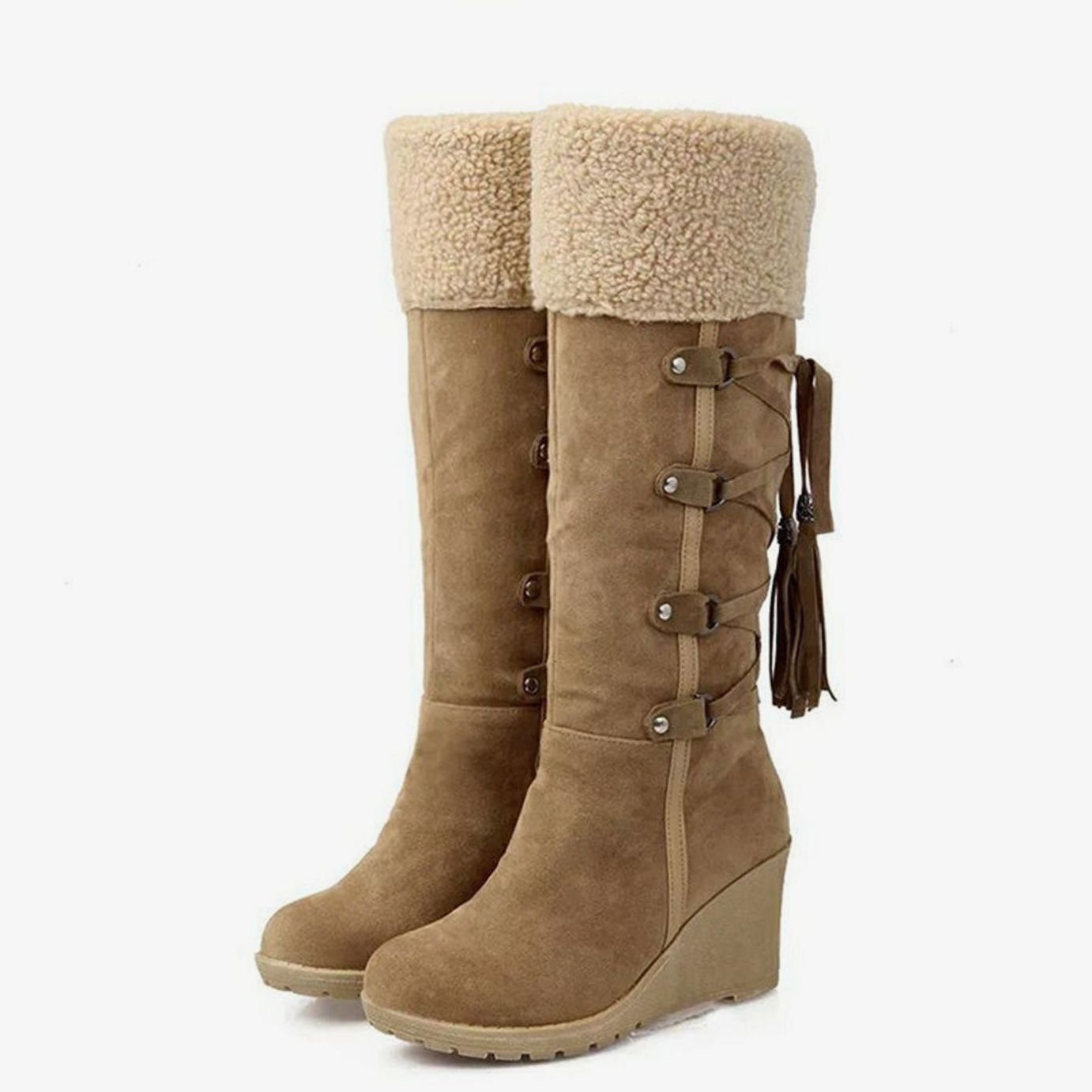 Women's Fur-Trim Wedge-Heel Knee-High Winter Boots - Brown