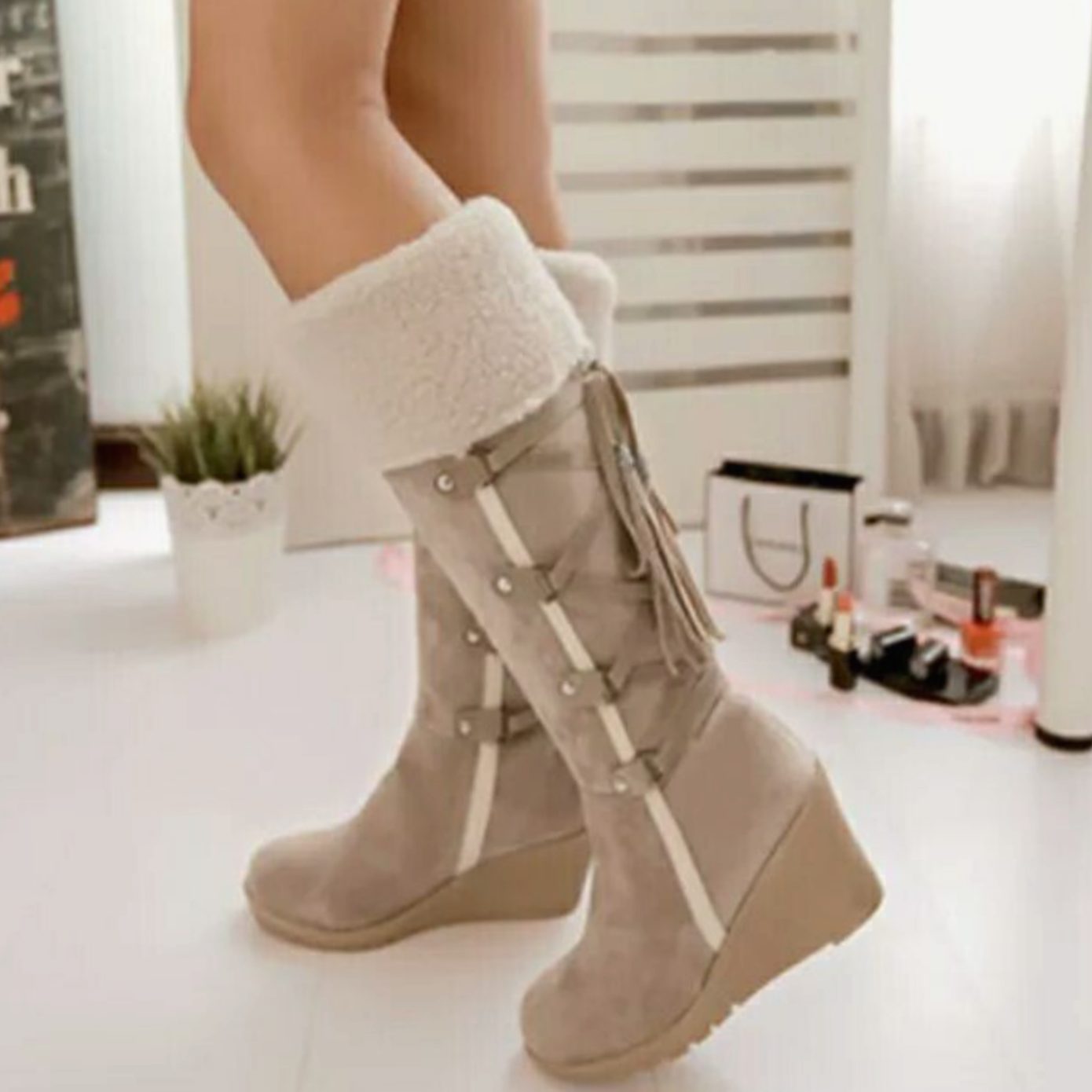 Women's Fur-Trim Wedge-Heel Knee-High Winter Boots - Beige