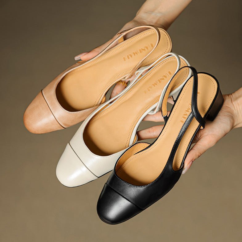 Women's Genuine Leather Almond-Toe Slingback Block-Heel Pumps