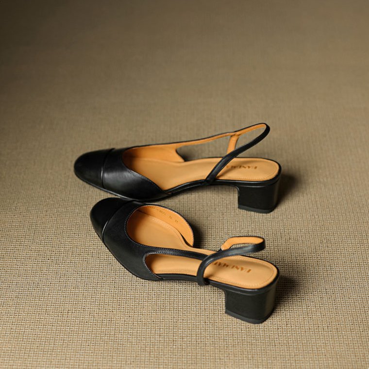 Women's Genuine Leather Almond-Toe Slingback Block-Heel Pumps