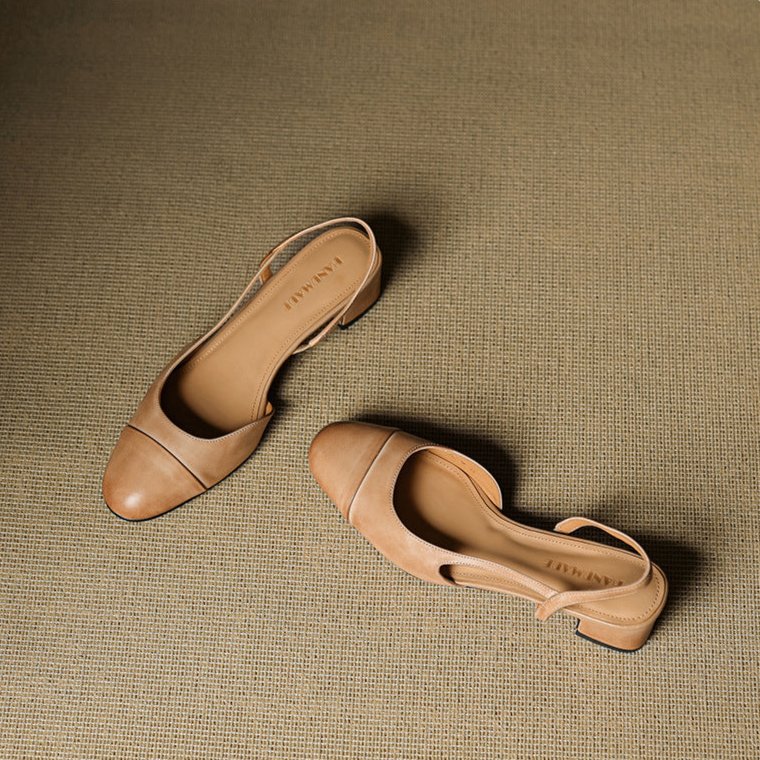 Women's Genuine Leather Almond-Toe Slingback Block-Heel Pumps