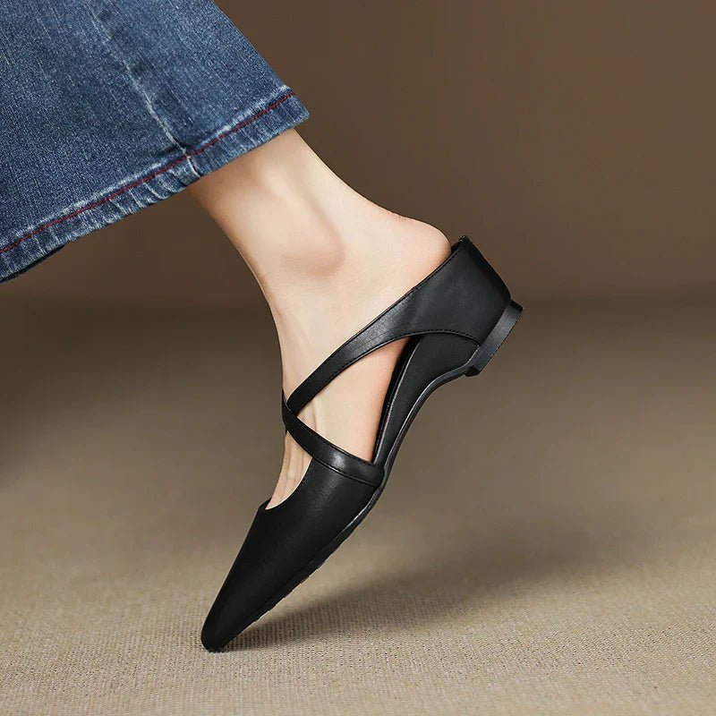 Women's Genuine Leather Cross-Strap Pointed-Toe Mules