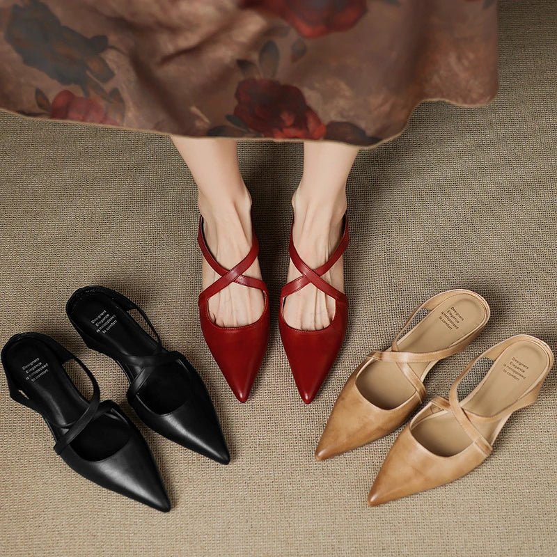 Women's Genuine Leather Cross-Strap Pointed-Toe Mules