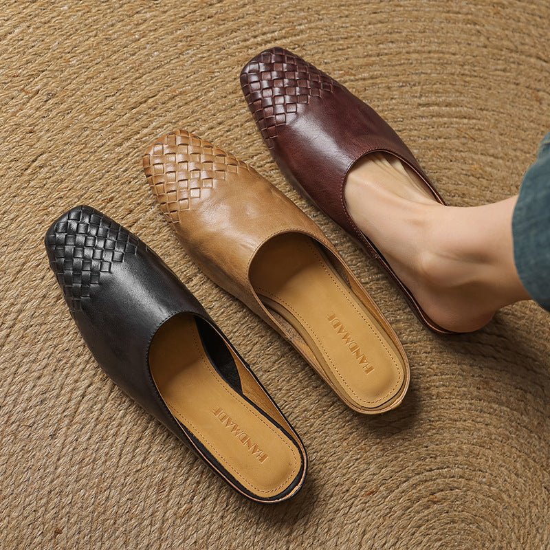 Women's Genuine Leather Woven-Toe Square-Toe Slip-On Mules