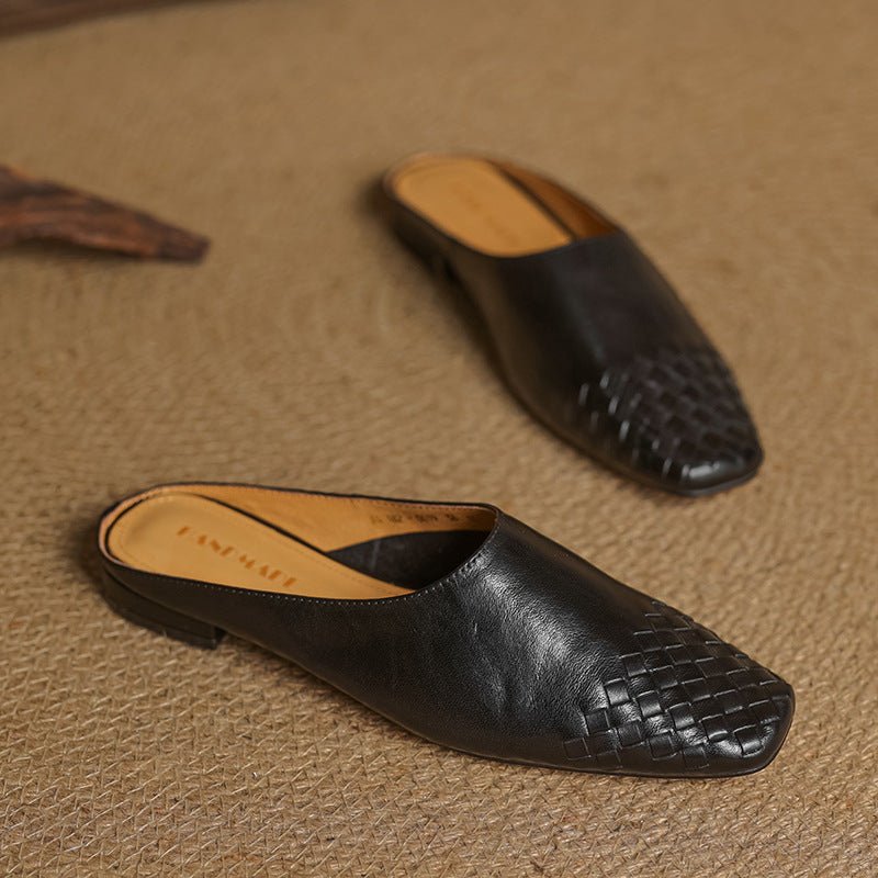 Women's Genuine Leather Woven-Toe Square-Toe Slip-On Mules - Black