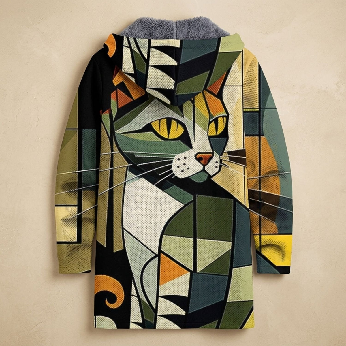 Women's Geometric Cat Print Fleece-Lined Open Front Cardigan