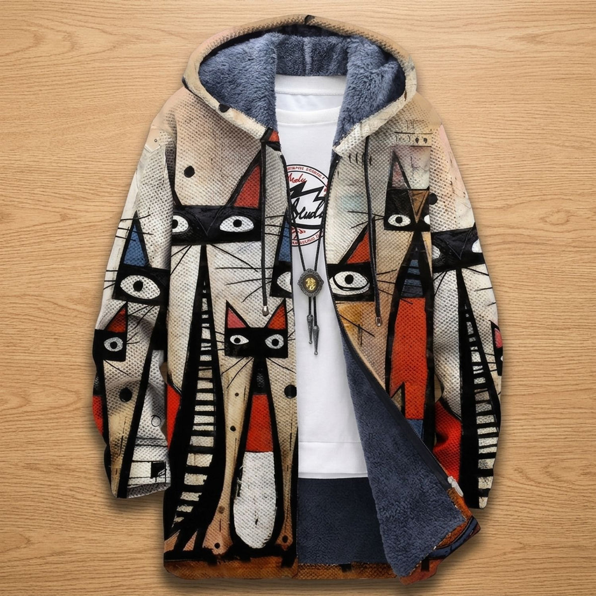 Women's Geometric Cat Print Fleece-Lined Open Front Cardigan - Beige Cat