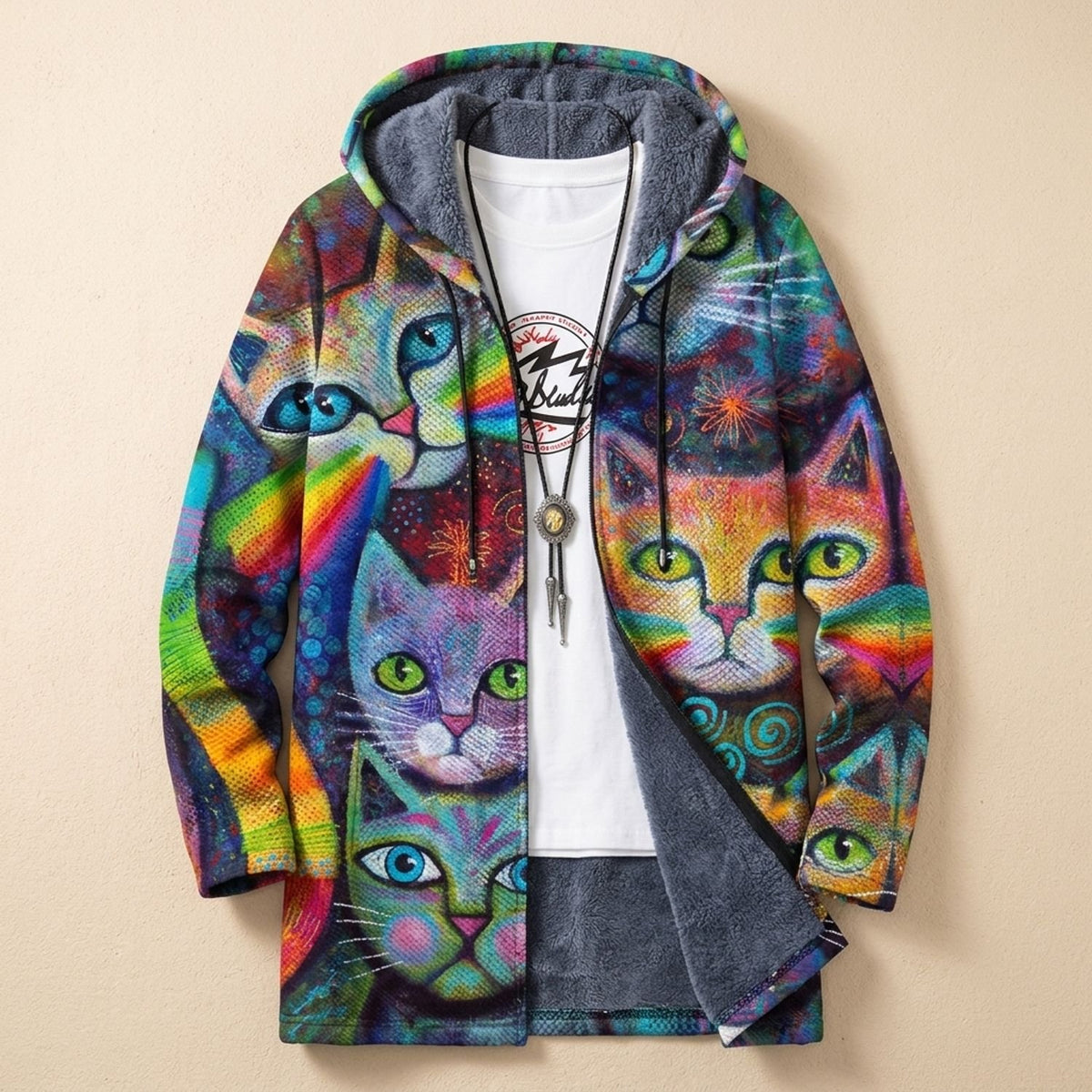 Women's Geometric Cat Print Fleece-Lined Open Front Cardigan - Multicoloured Cat