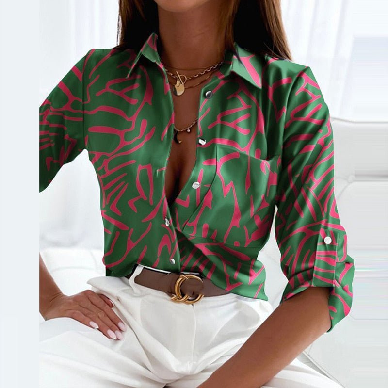 Women's Geometric Print Long-Sleeve Collared Button-Up Blouse - Green