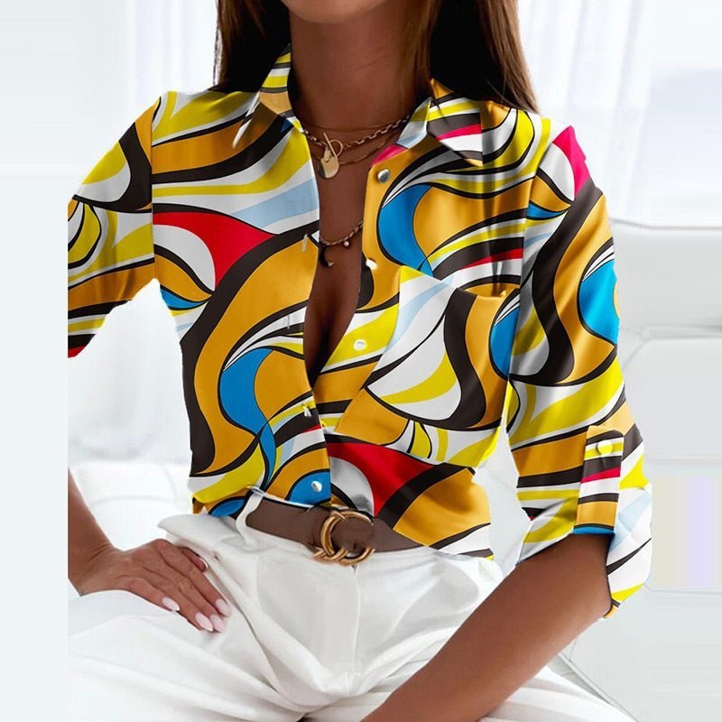 Women's Geometric Print Long-Sleeve Collared Button-Up Blouse - Yellow