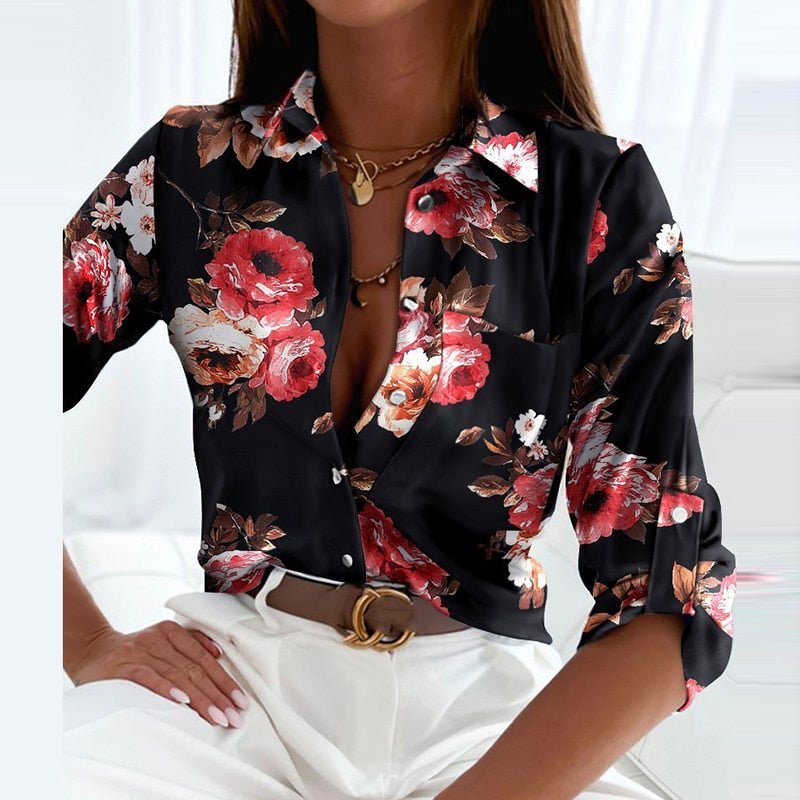 Women's Geometric Print Long-Sleeve Collared Button-Up Blouse - Black Pink Flowers