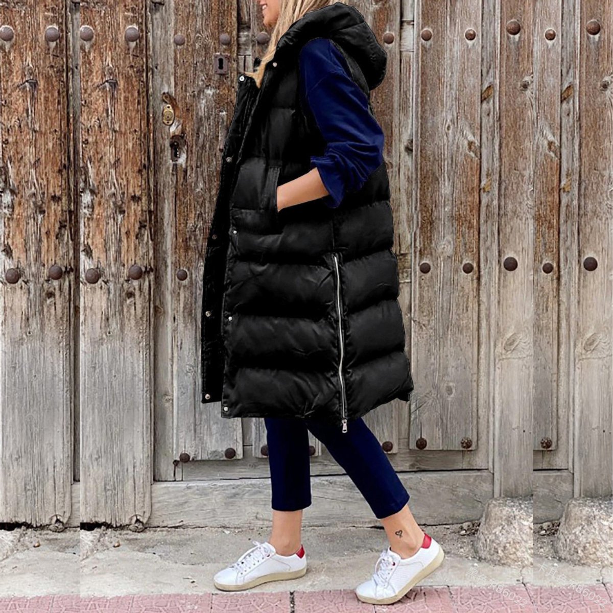Womens Gilet Long Hooded Quilted Puffer Sleeveless Jacket - Black