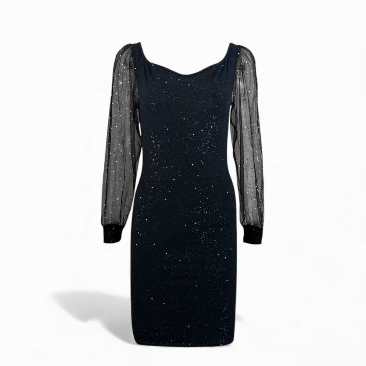 Women's Glitter Mesh-Sleeve Bodycon Christmas Party Dress - Black