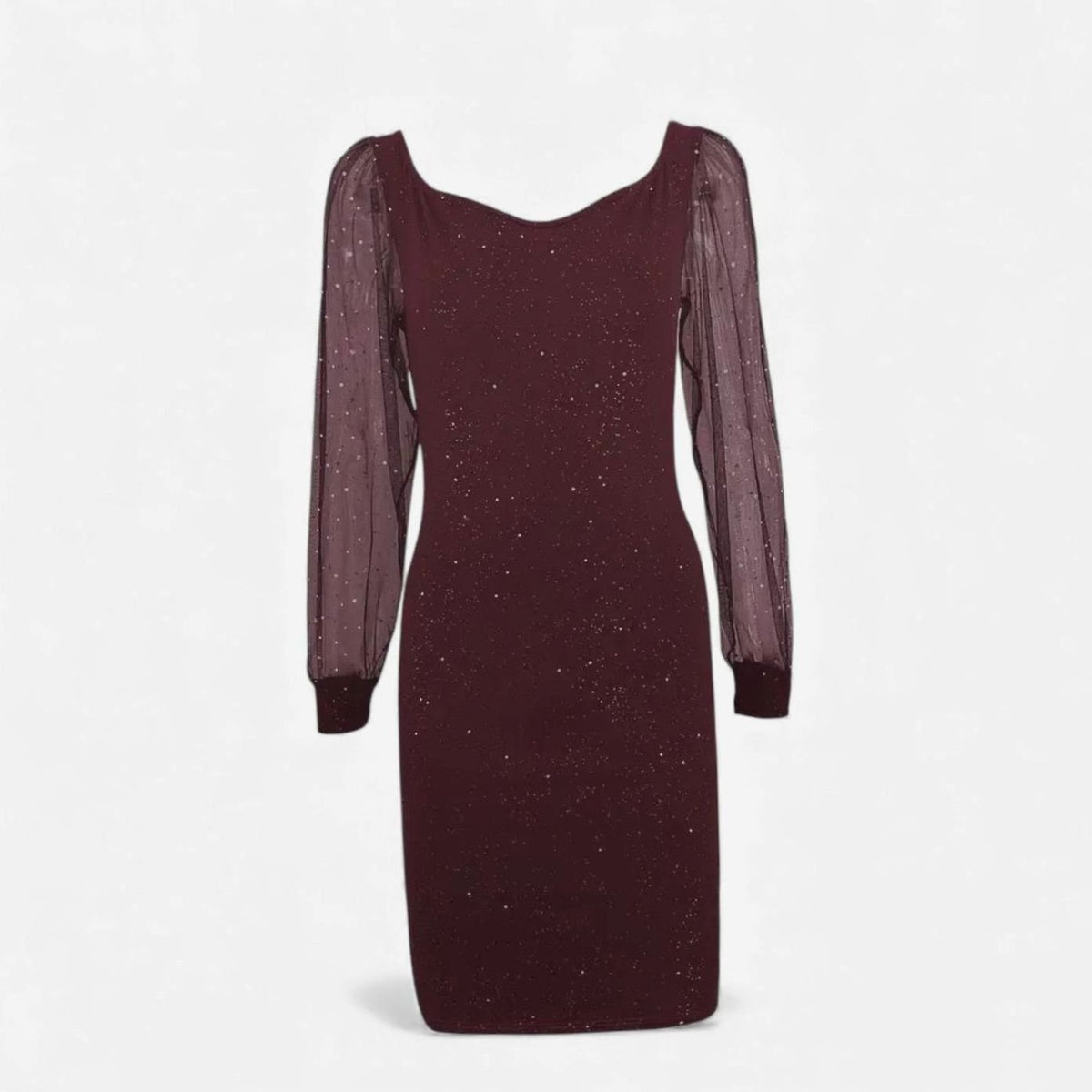 Women's Glitter Mesh-Sleeve Bodycon Christmas Party Dress - Burgundy