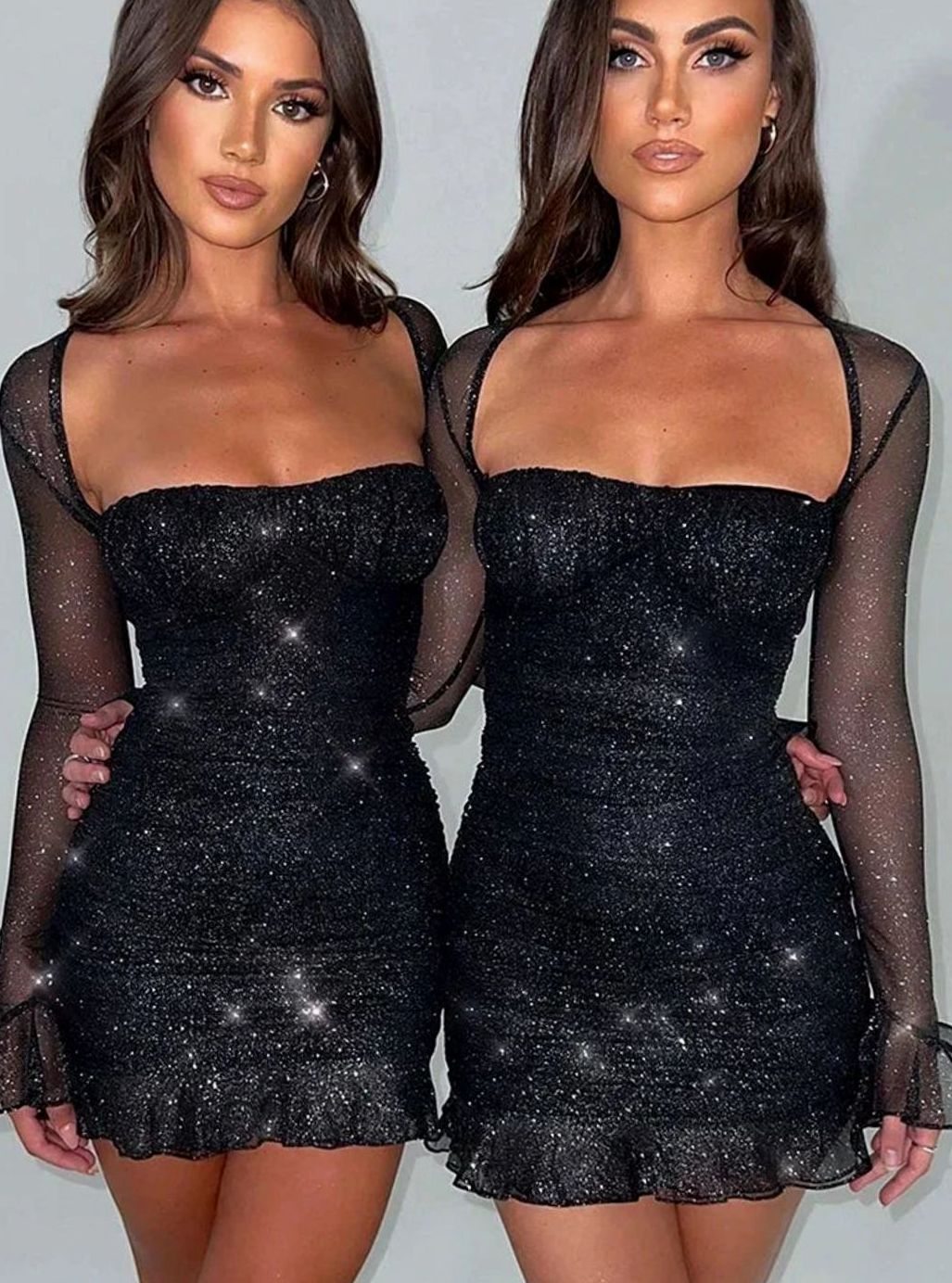 Women's Glitter Ruched Square-Neck Long-Sleeve Mini Dress
