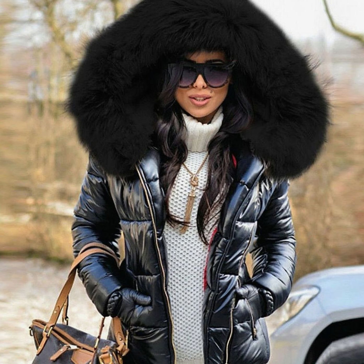 Women's Glossy Quilted Down Parka Faux Fur Hood Winter Puffer - Black with Black Hood