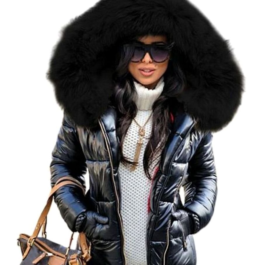 Women's Glossy Quilted Down Parka Faux Fur Hood Winter Puffer - Black with Black Hood