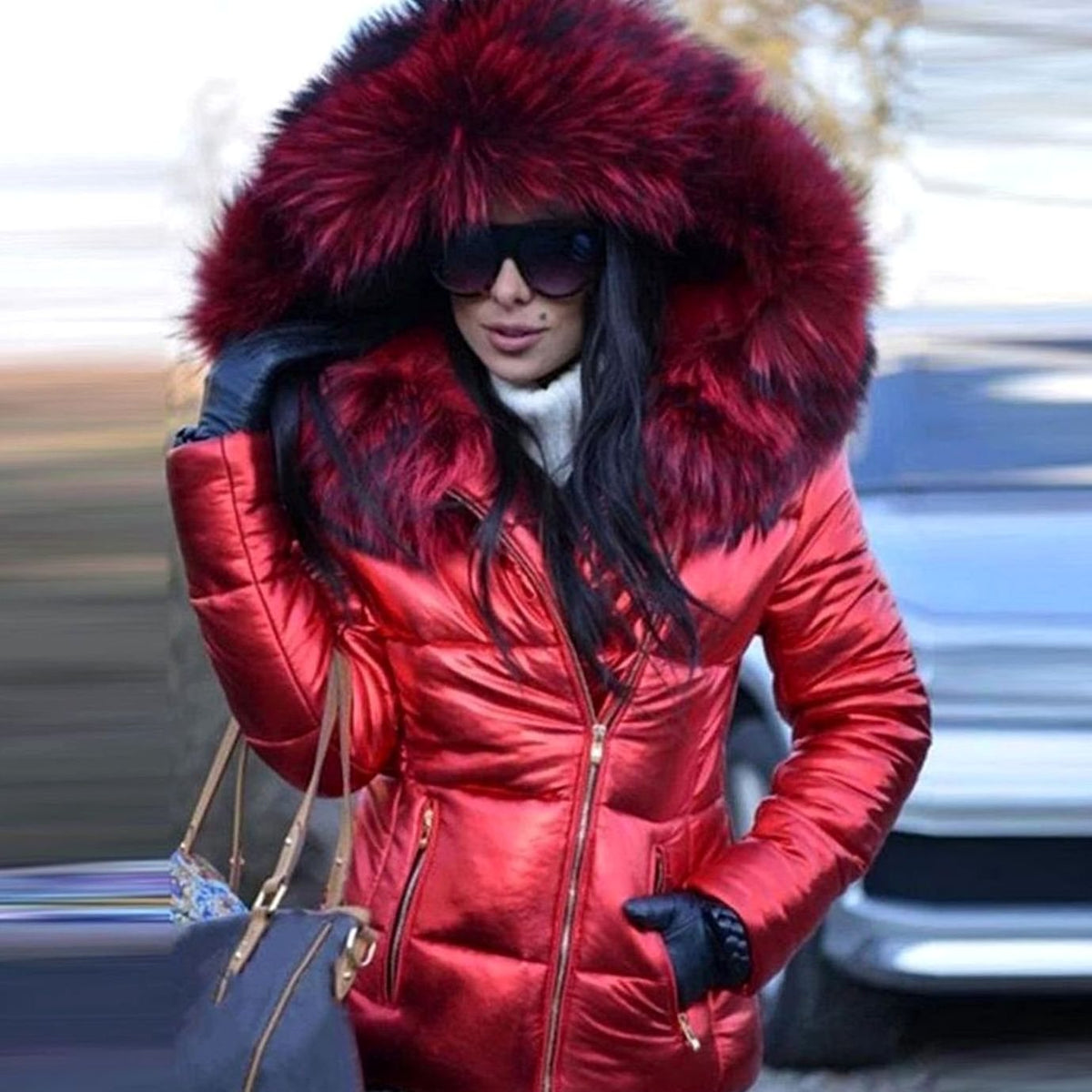 Women's Glossy Quilted Down Parka Faux Fur Hood Winter Puffer