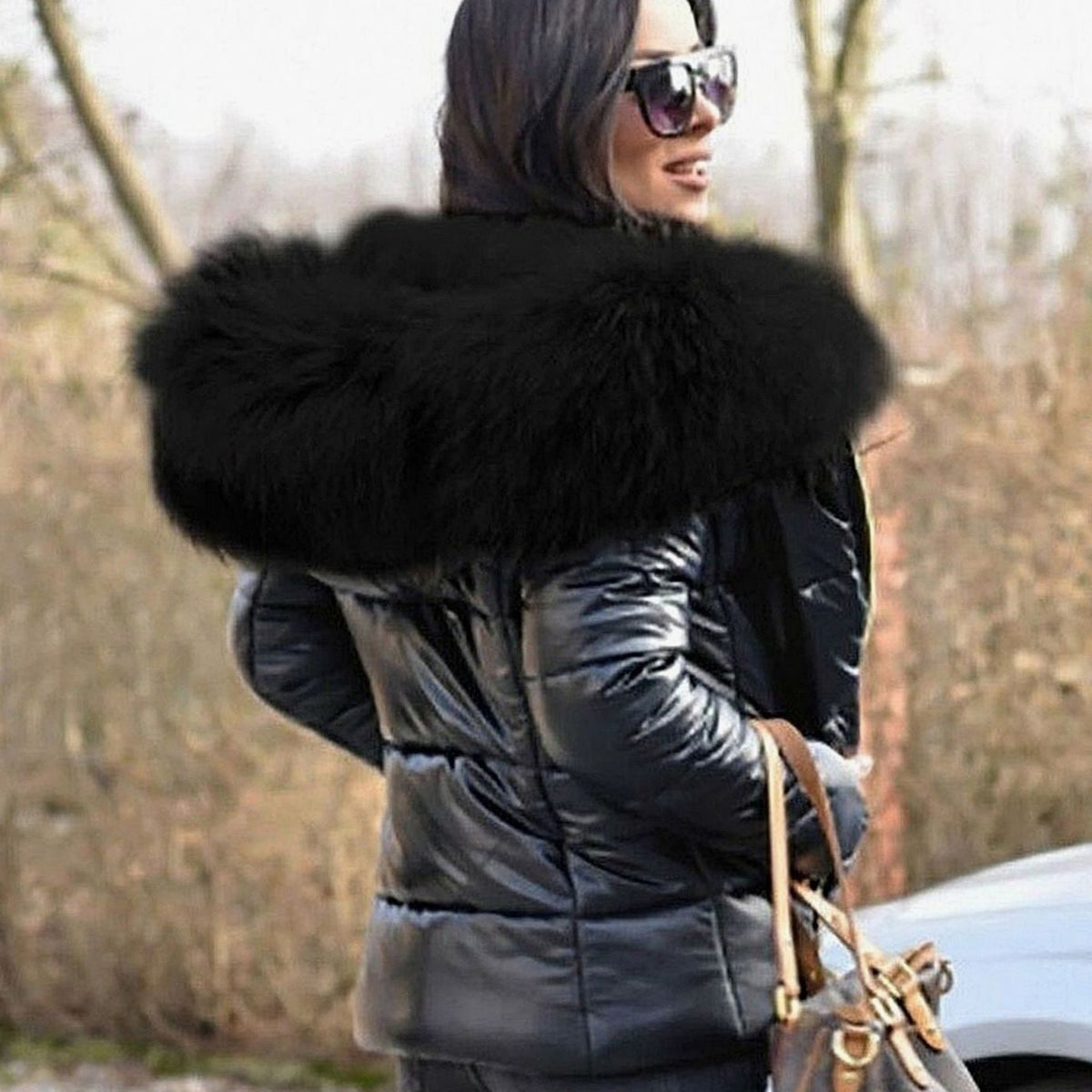 Women's Glossy Quilted Down Parka Faux Fur Hood Winter Puffer