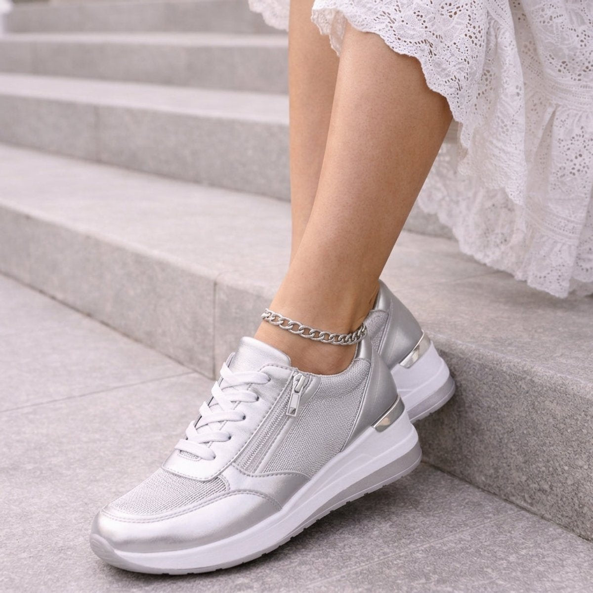 Womens Gold Metallic Lace-Up Wedge Platform Trainers - Silver