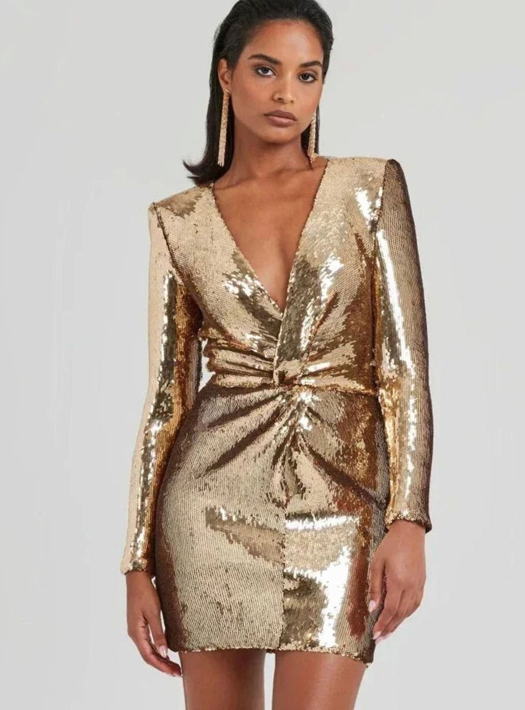 Women's Gold Sequin Long-Sleeve Draped V-Neck Mini Dress