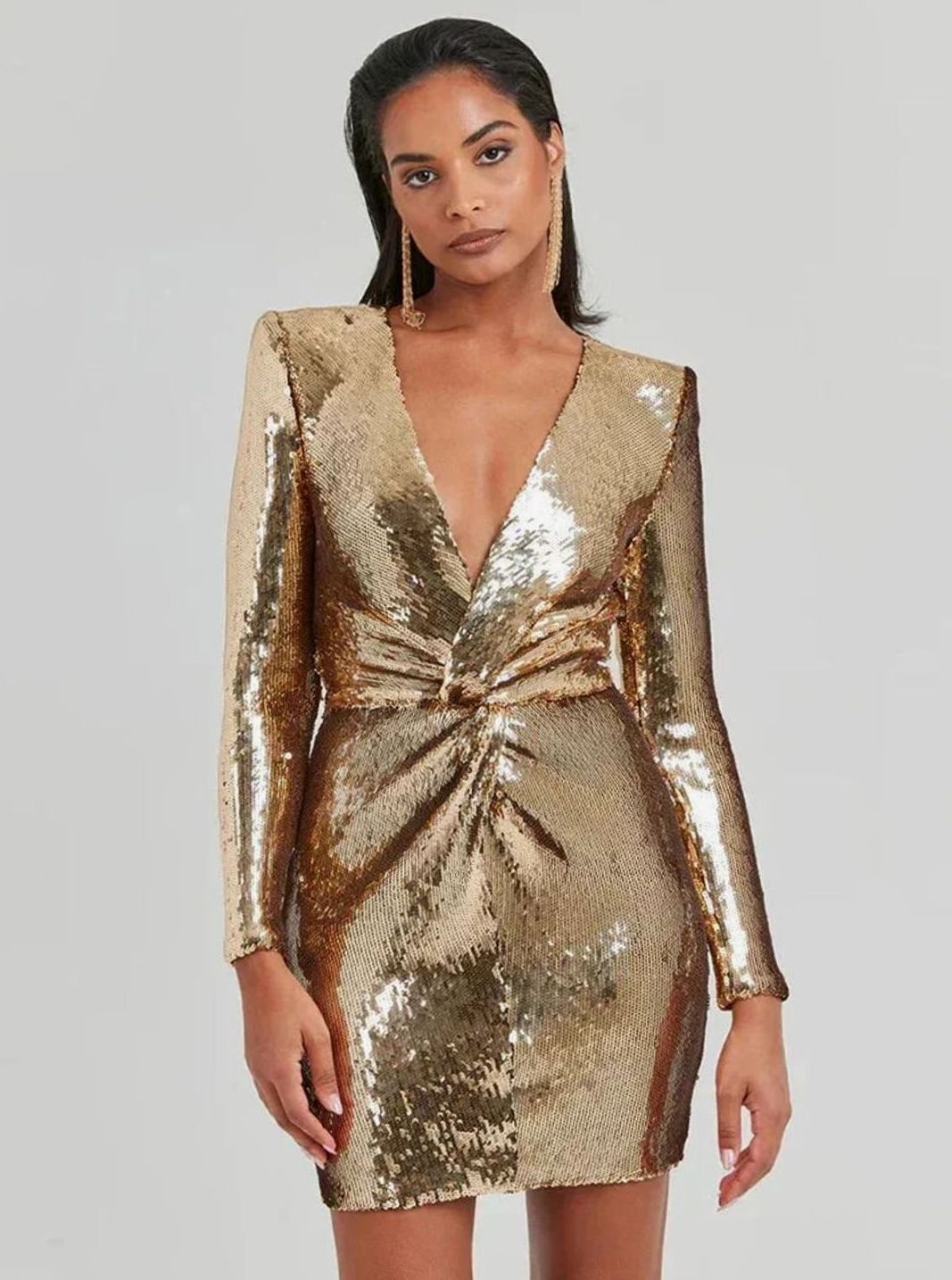 Women's Gold Sequin Long-Sleeve Draped V-Neck Mini Dress - Gold