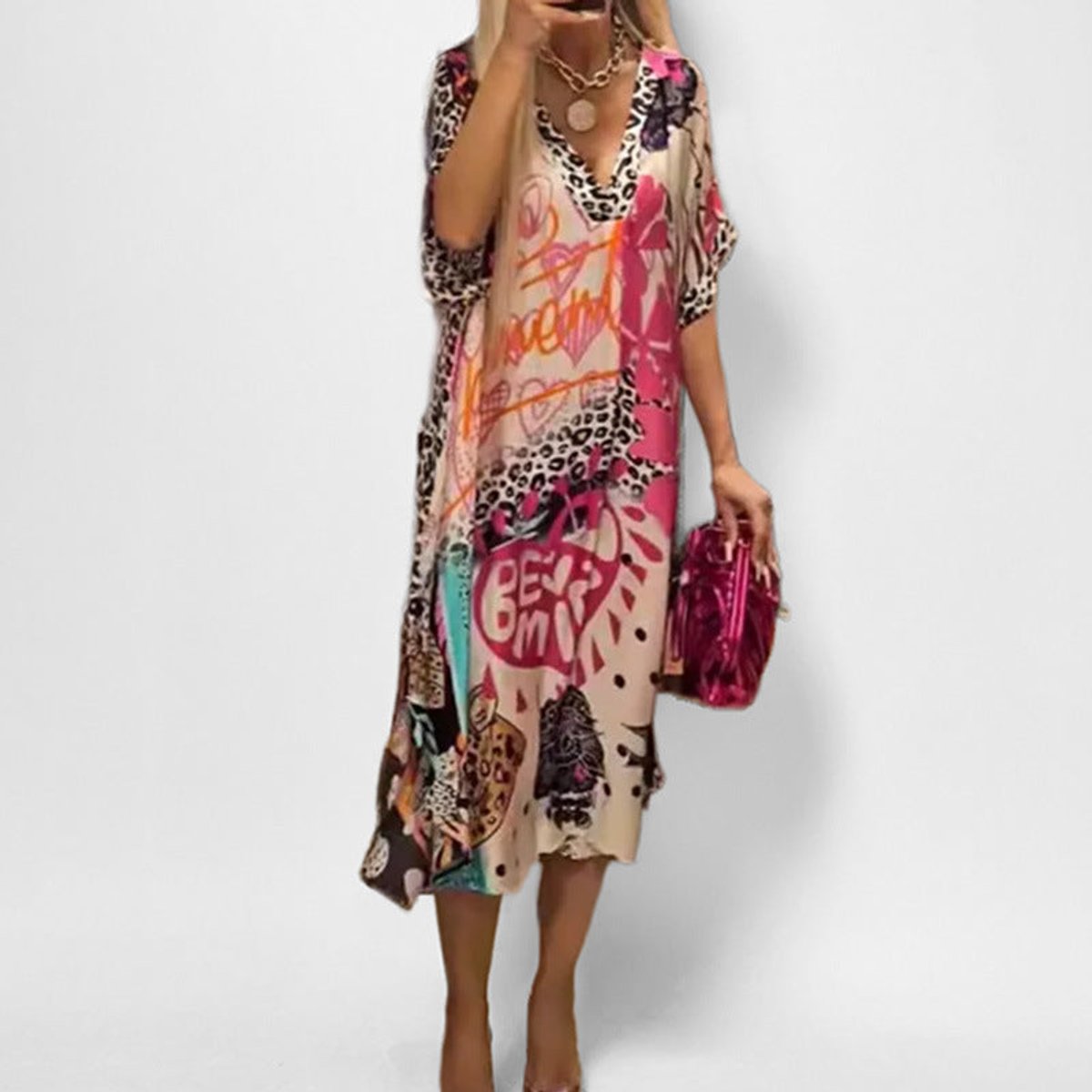 Women's Graphic Print V-Neck Swing Tunic Dress