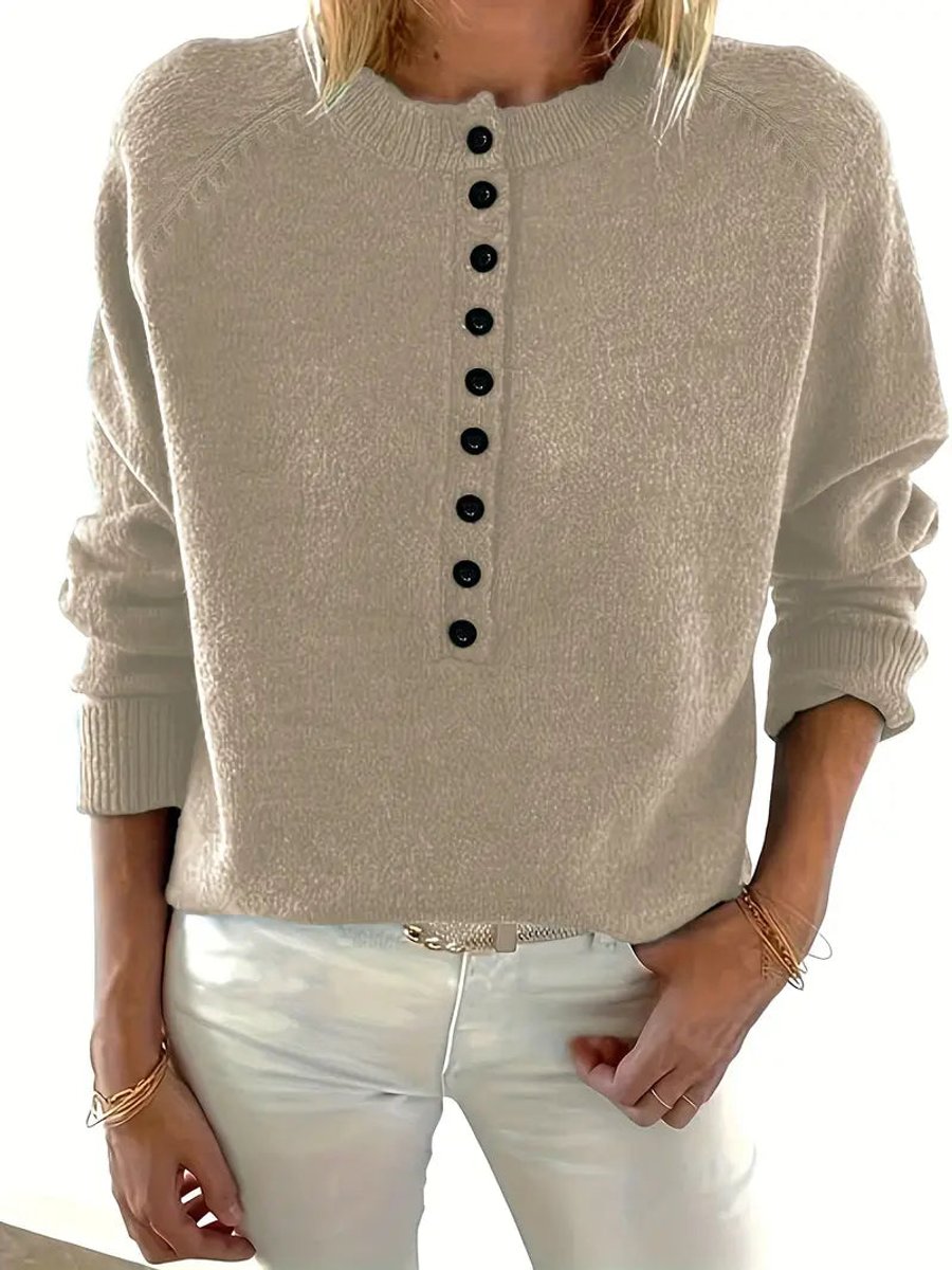Women's Half-Button V-Neck Knit Sweater Pullover Jumper