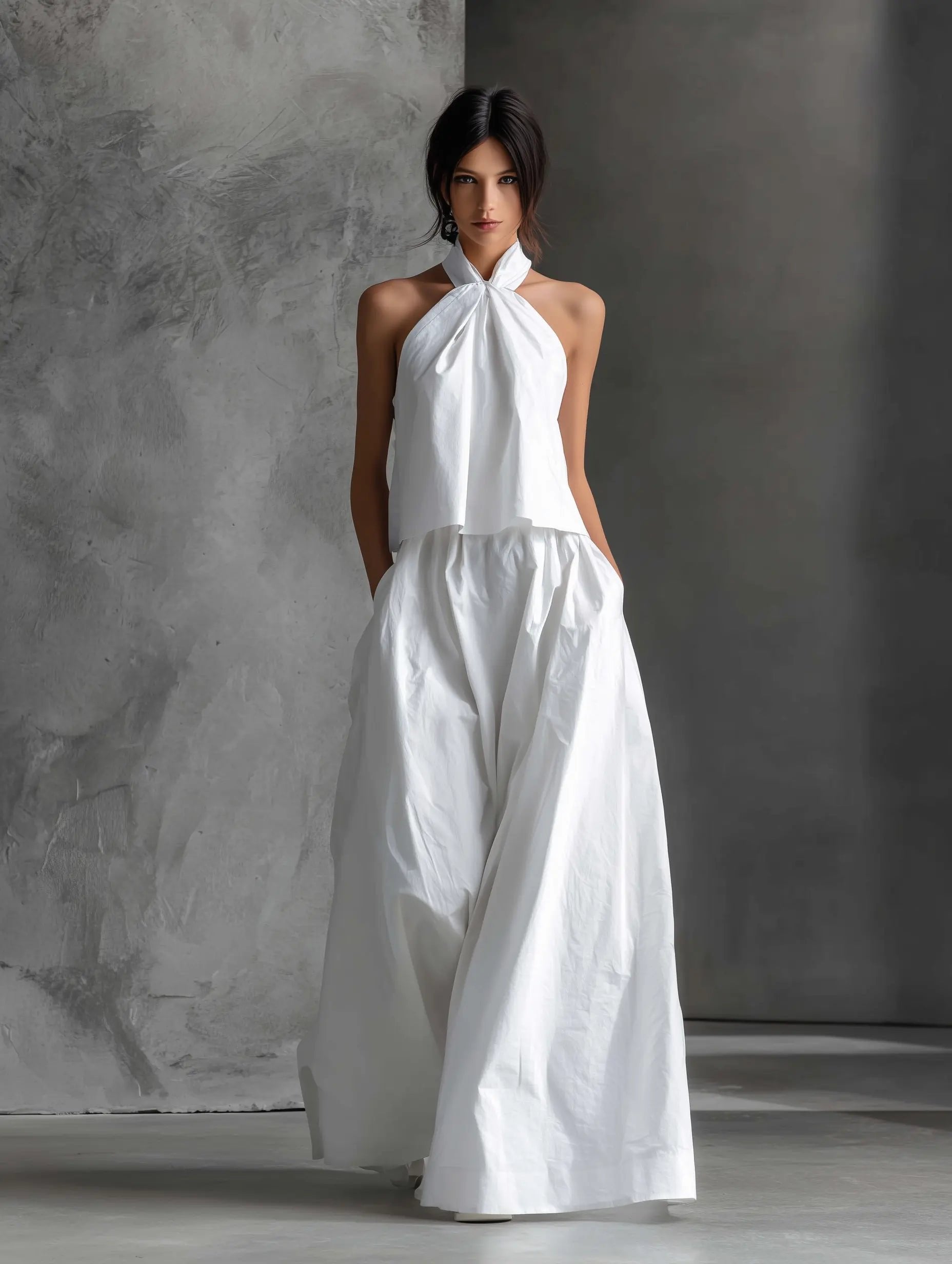 Women's Halter Neck Cotton-Linen Maxi Skirt Two-Piece Set