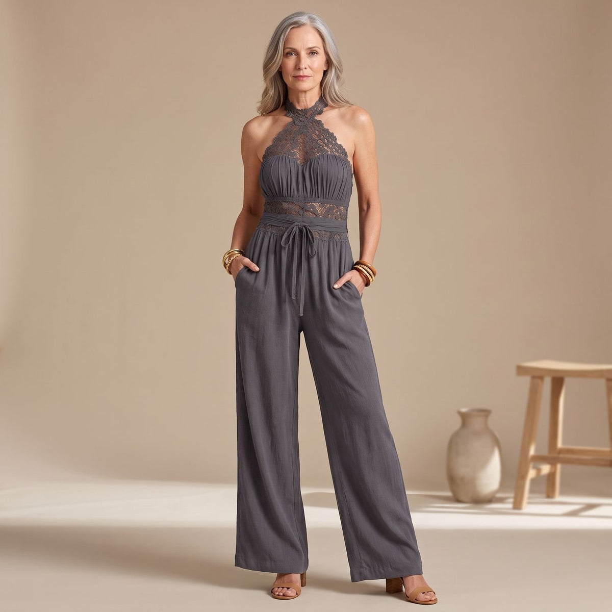 Women's Halter-Neck Crochet Lace Wide-Leg Jumpsuit