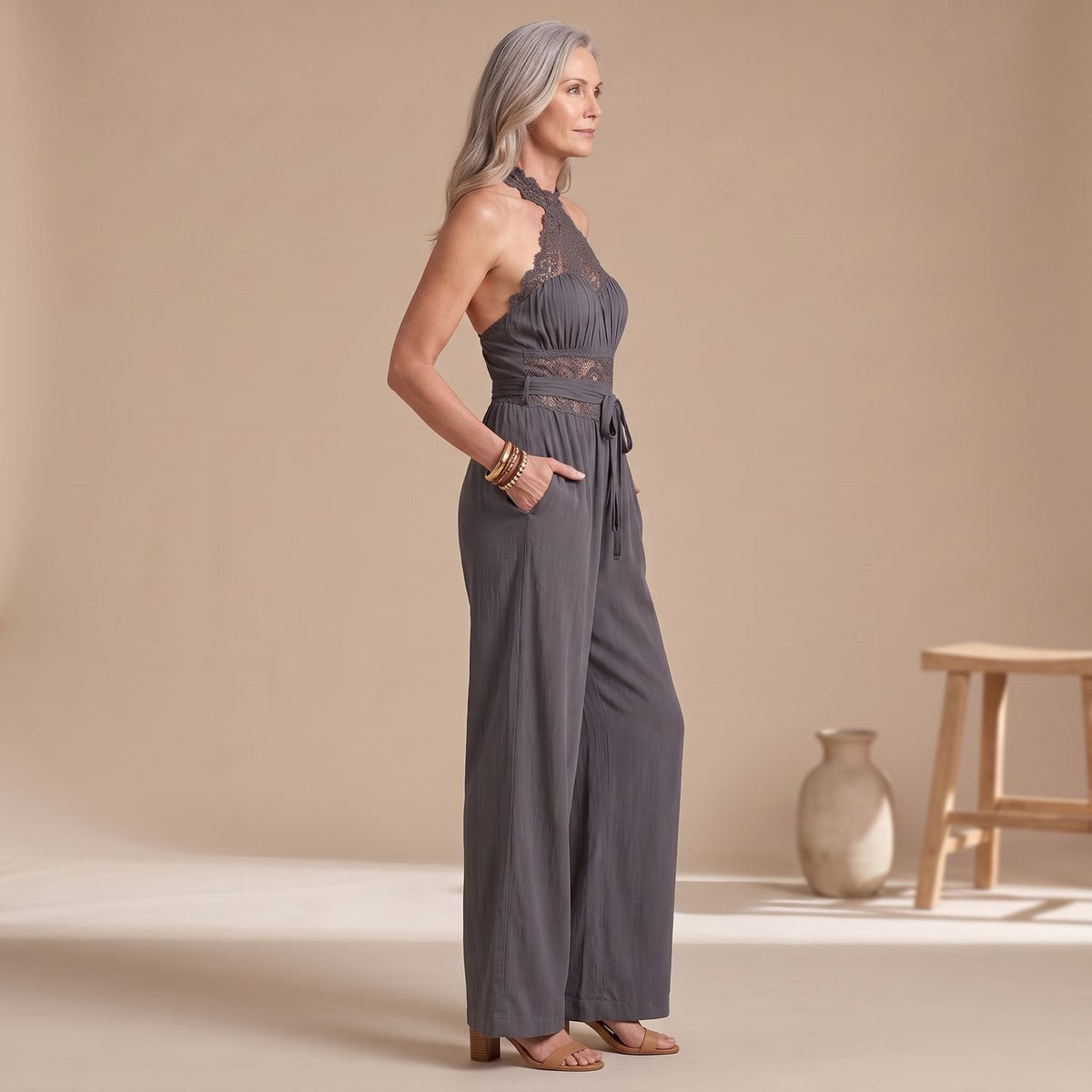 Women's Halter-Neck Crochet Lace Wide-Leg Jumpsuit