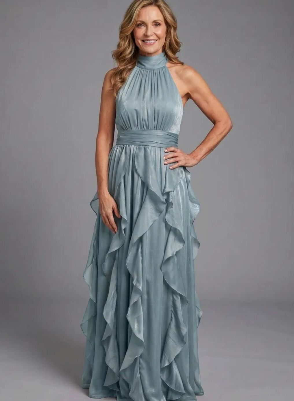 Women's Halter-Neck Ruffle-Layer Chiffon Maxi Dress - Dusty Blue