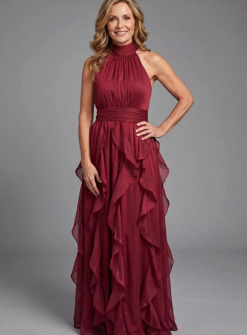 Women's Halter-Neck Ruffle-Layer Chiffon Maxi Dress - Red