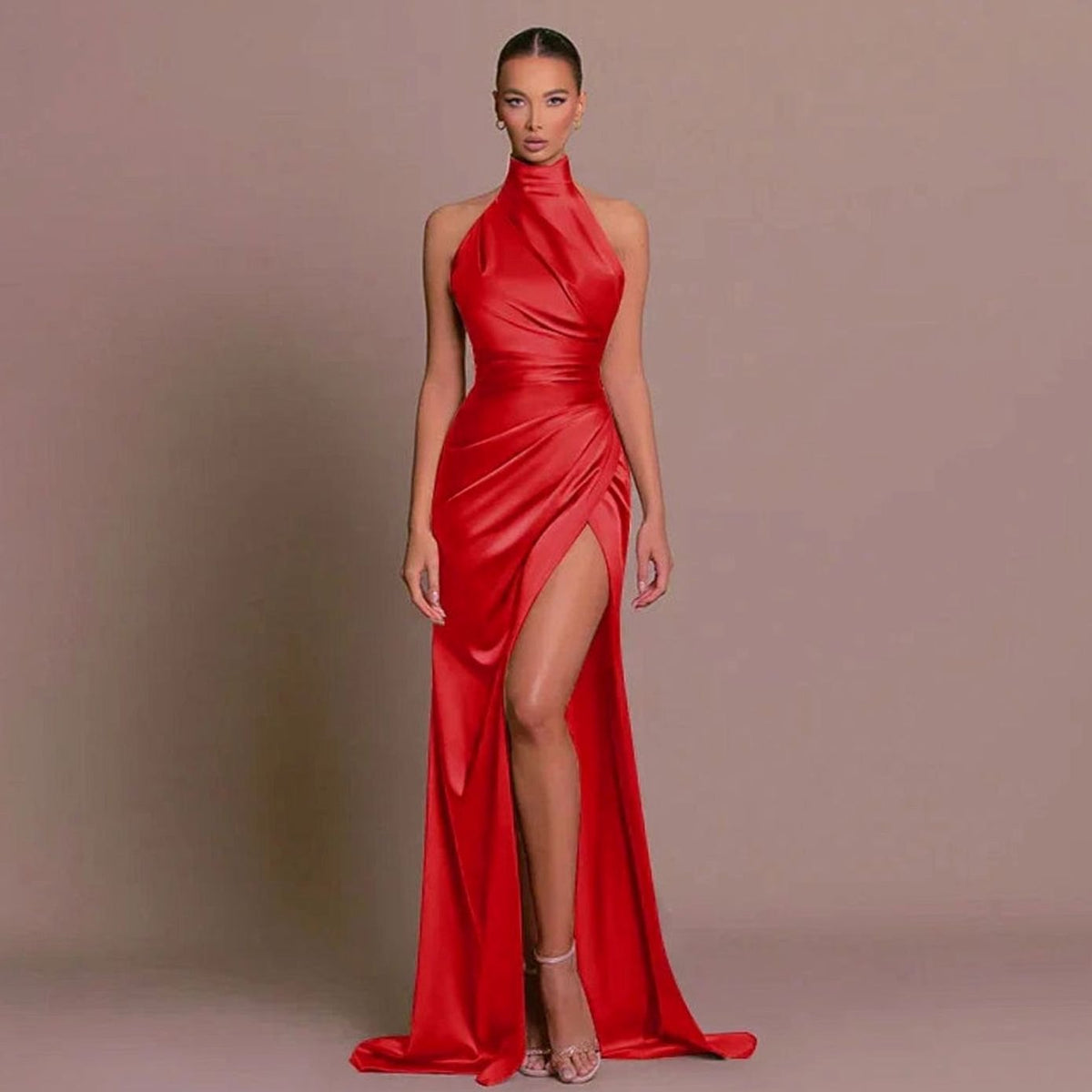 Women's Halter-Neck Satin High-Slit Formal Party Dress - Red