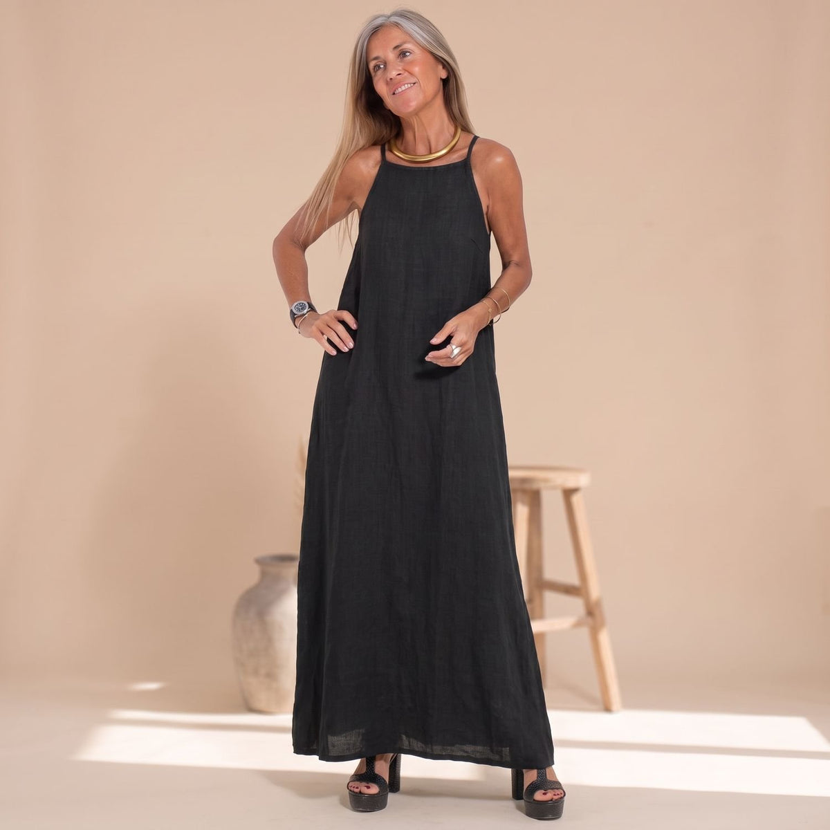 Women's Halter-Neck Sleeveless Linen Maxi Dress Side Split - Black