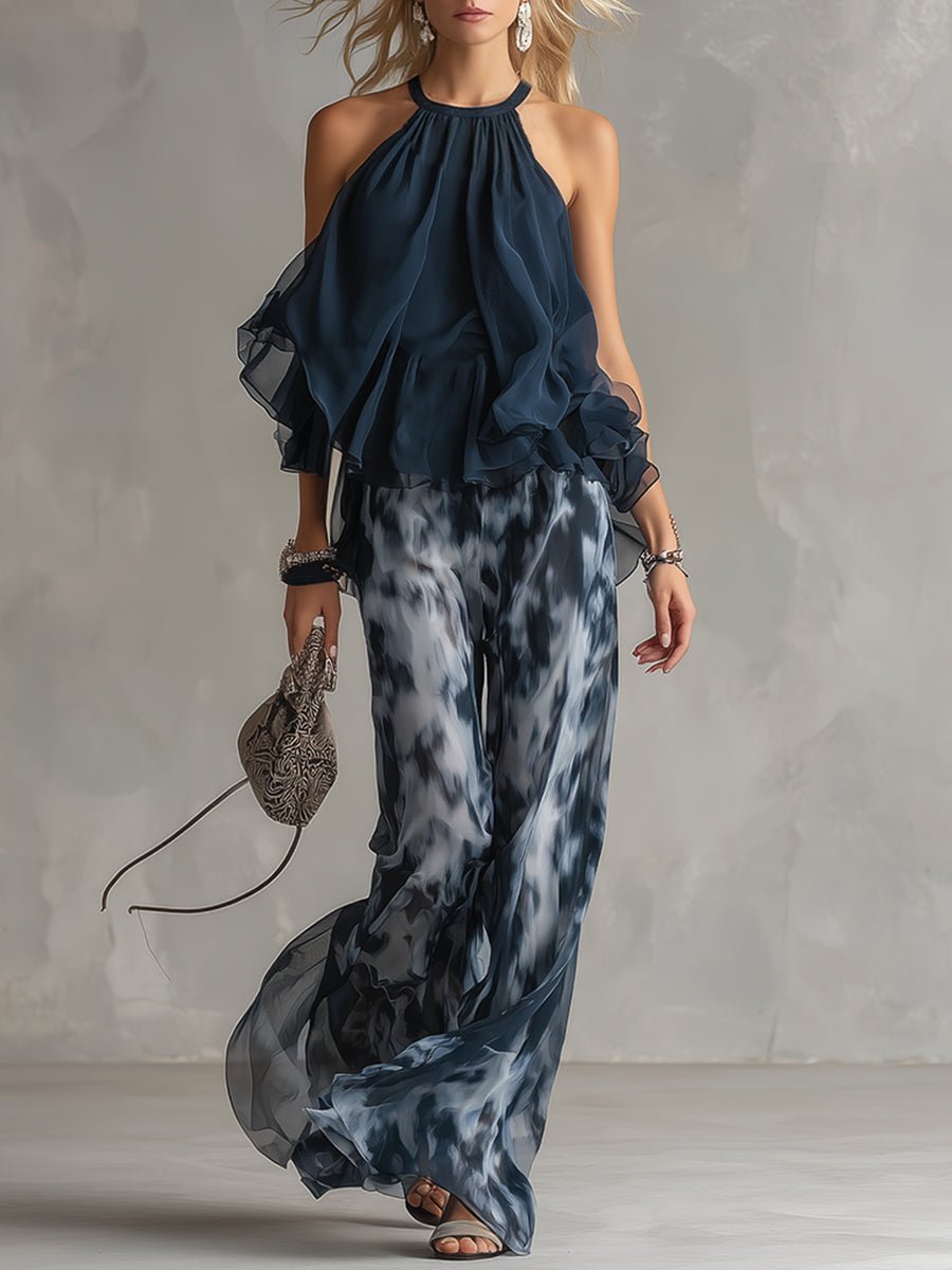 Women's Halter Neck Wide-Leg Printed Two-Piece Co-ord Set - Navy Blue
