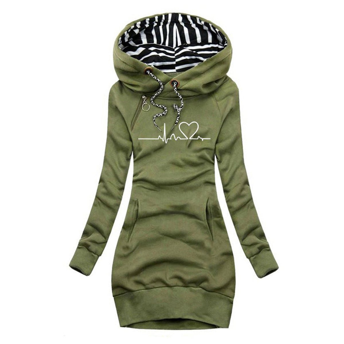 Women's Heartbeat Print Hooded Long Sleeve Dress Jumper - Green