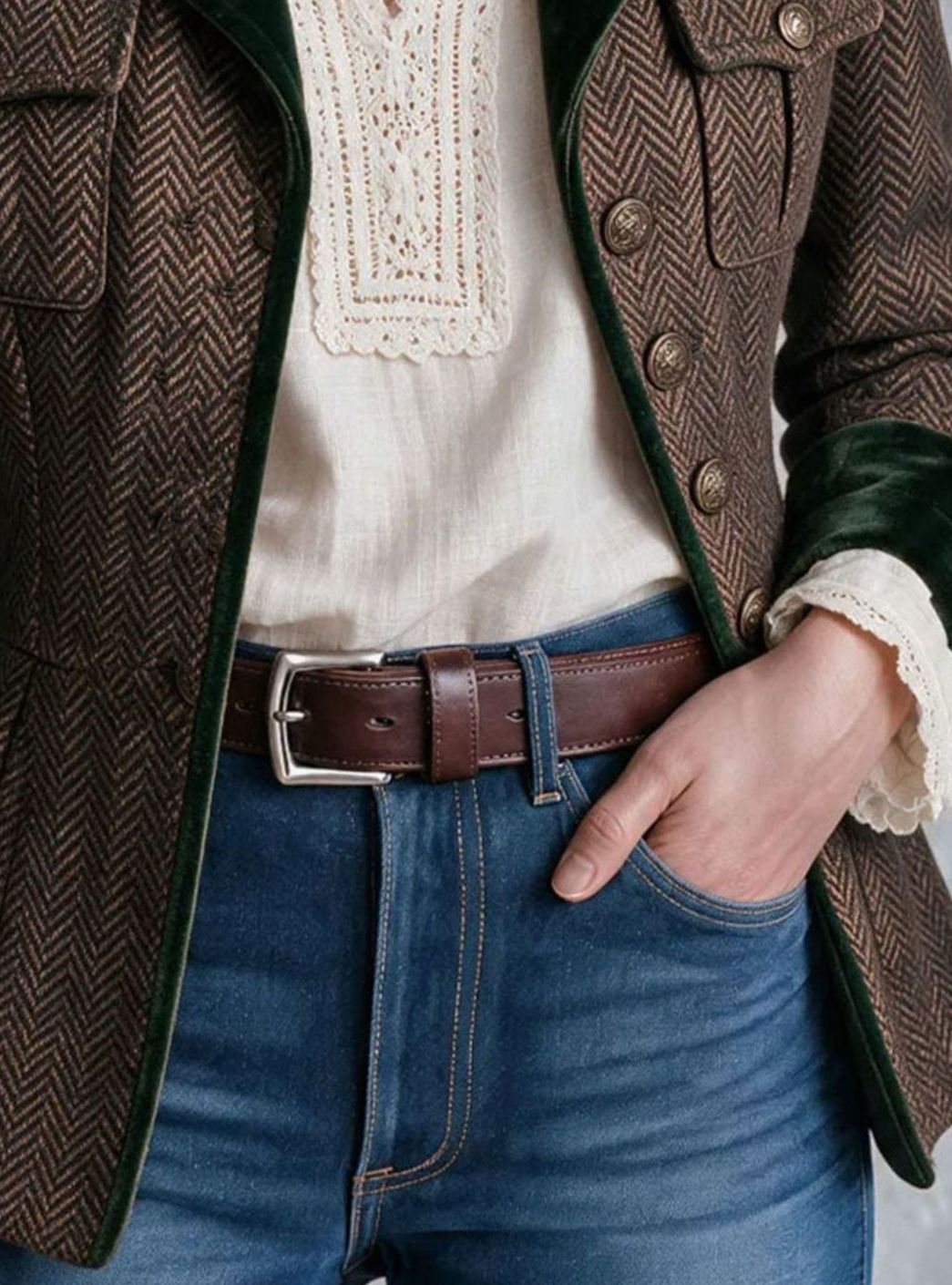 Women's Herringbone Military Velvet-Trim Button Jacket