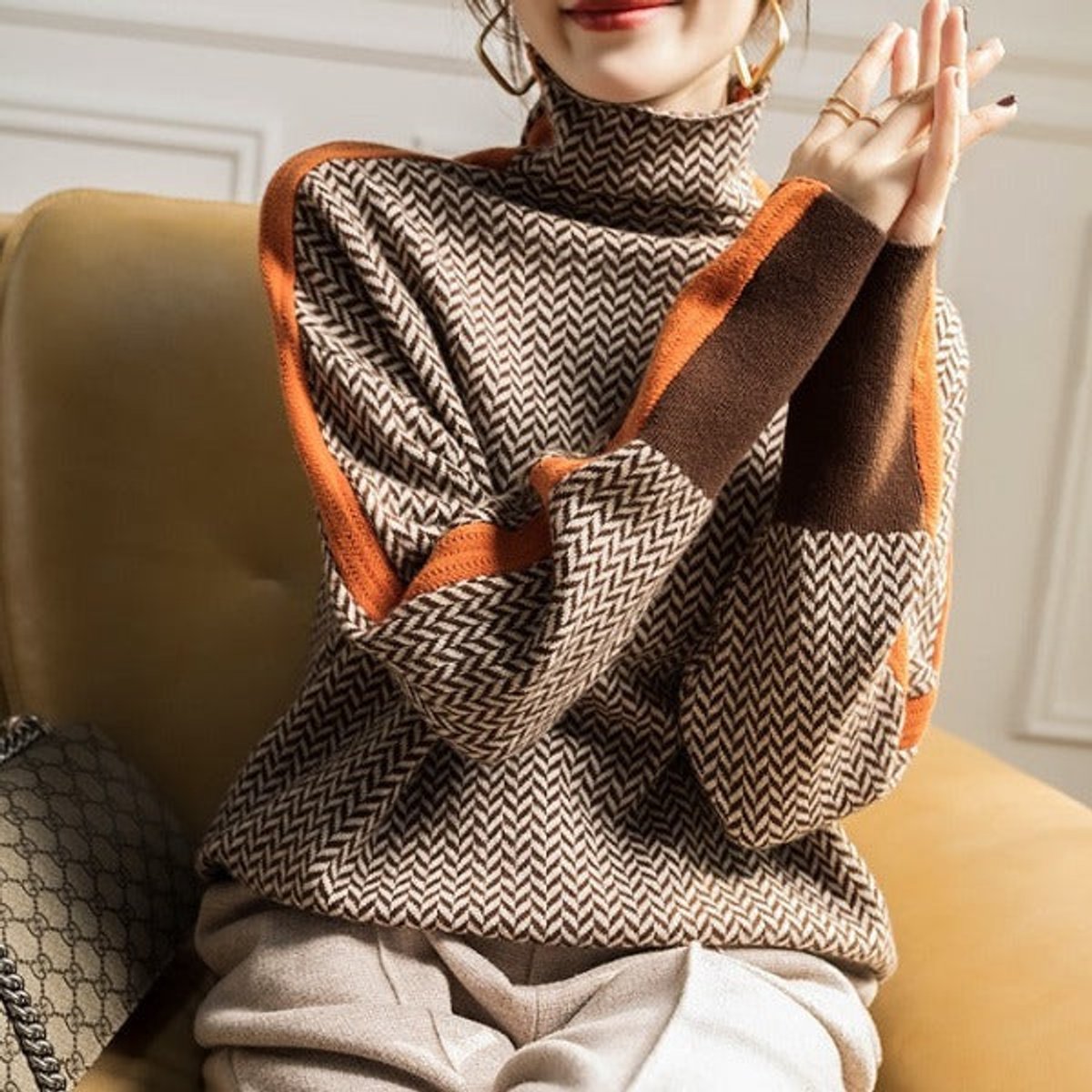 Women's Herringbone Oversized Turtleneck Sweater Contrast Trim