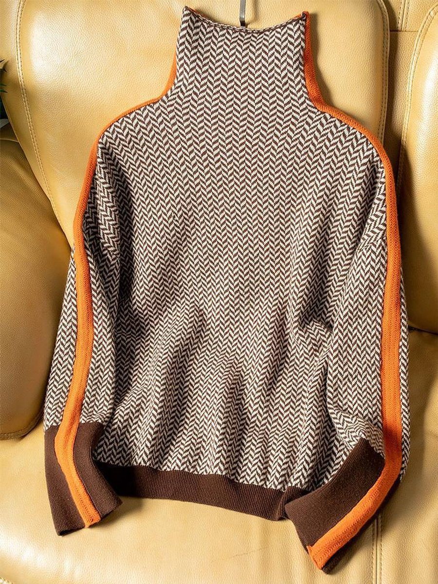 Women's Herringbone Oversized Turtleneck Sweater Contrast Trim