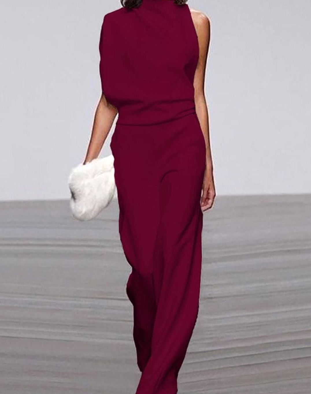Women's High-Neck Asymmetric Shoulder Jumpsuit Wide-Leg Sleeveless - Dark Red