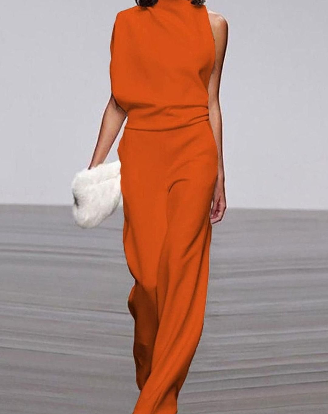 Women's High-Neck Asymmetric Shoulder Jumpsuit Wide-Leg Sleeveless - Orange