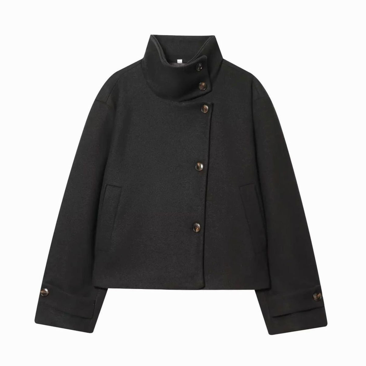 Women's High Neck Wool Blend Stand Collar Button Coat, Beige - Black