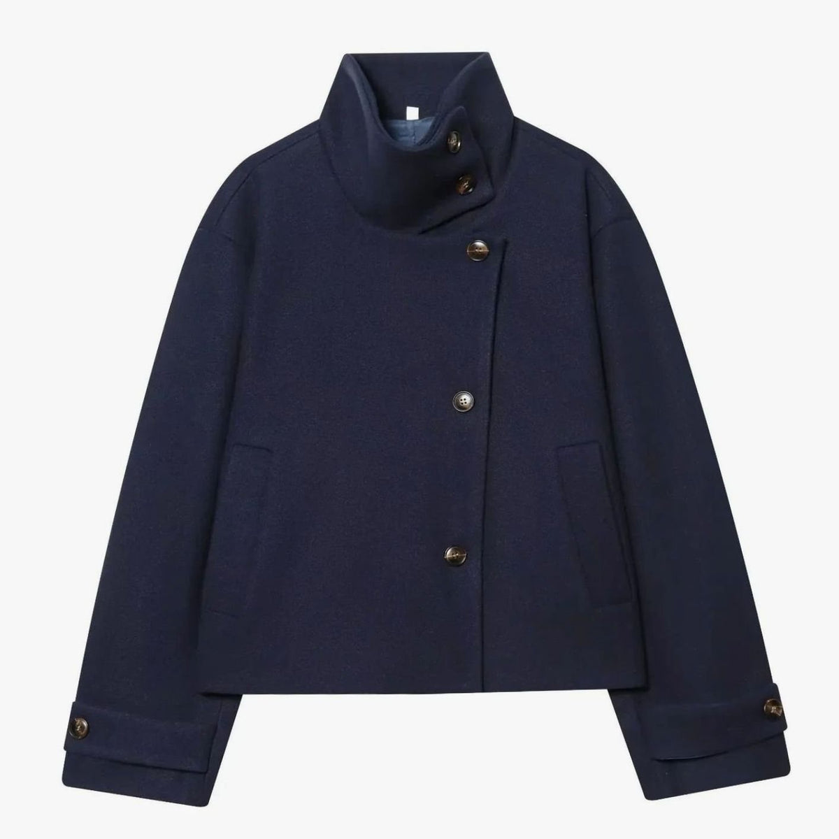 Women's High Neck Wool Blend Stand Collar Button Coat, Beige - Dark Blue