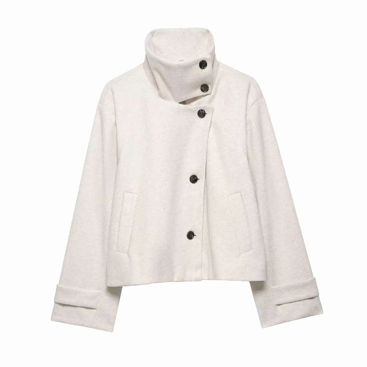 Women's High Neck Wool Blend Stand Collar Button Coat, Beige