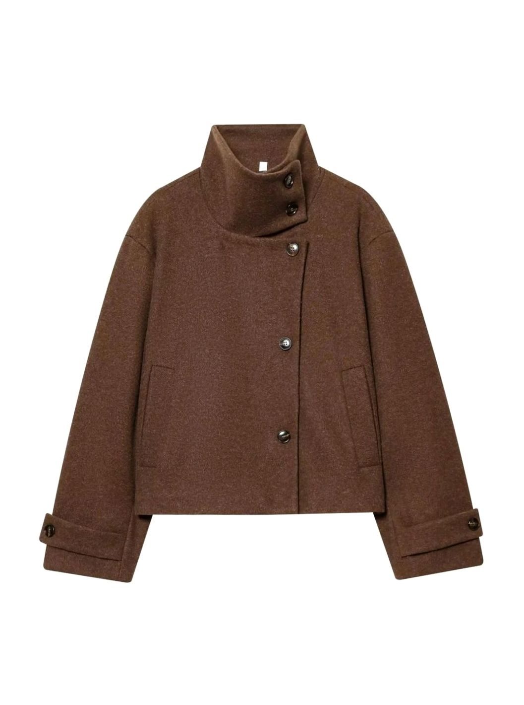 Women's High Neck Wool Blend Stand Collar Button Coat, Beige