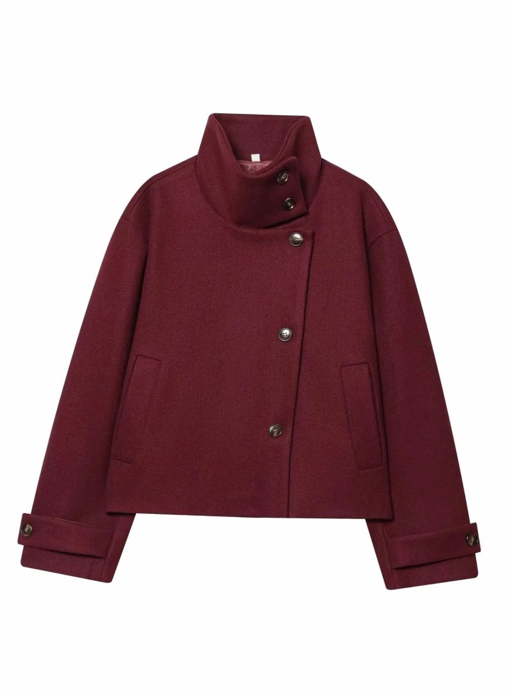 Women's High Neck Wool Blend Stand Collar Button Coat, Beige