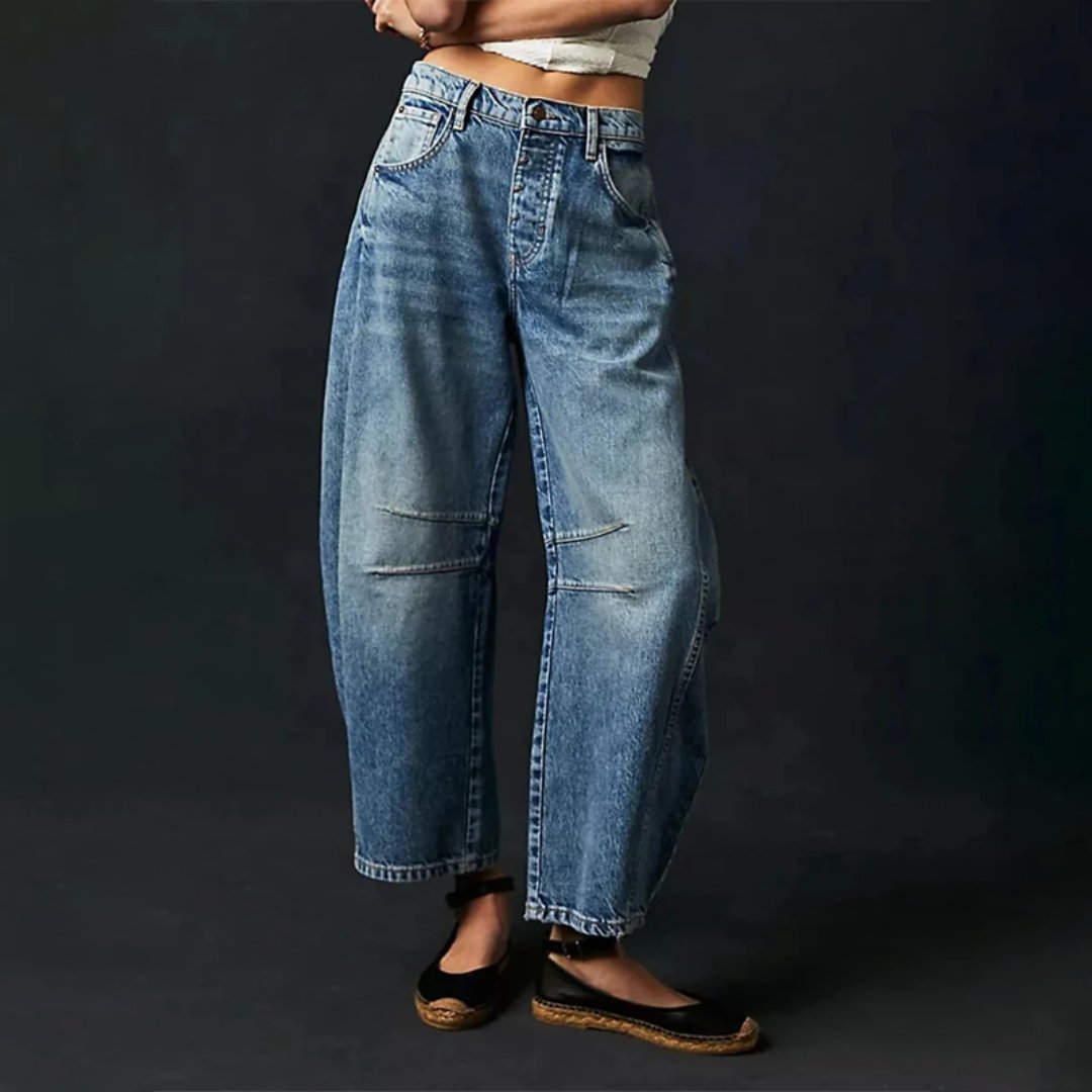 Women's High-Rise Barrel-Leg Acid-Wash Wide-Fit Jeans - Dark Blue
